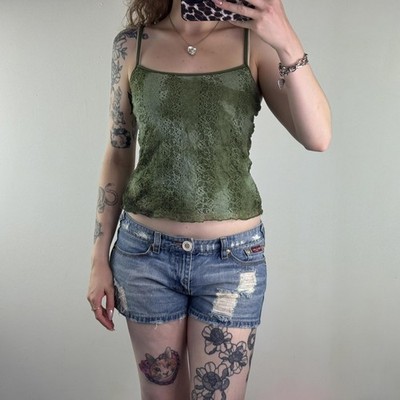 Y2K Vintage Double Mesh Overlay Trägertop Spitze stretchig grün ombre leicht crop