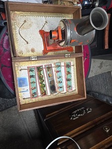 Antique Magic Lantern Kerosene Projector & 12 Glass Slides in Wooden Box