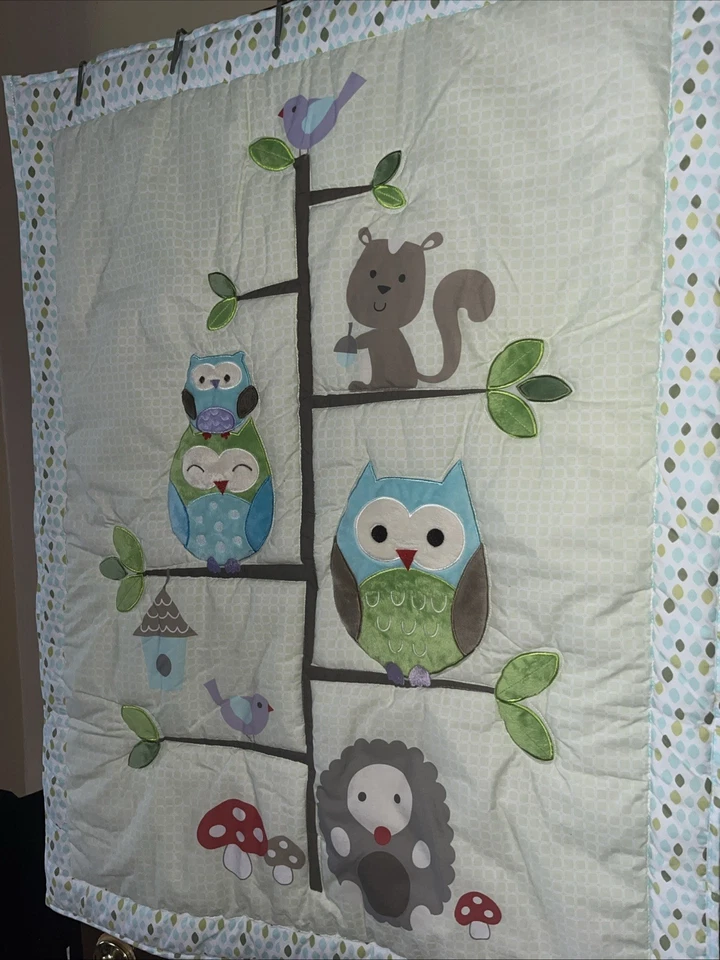 "Colcha reversible para bebé con búhos bordados aves naturales + setas 31""x40""" Foto 2 de 4