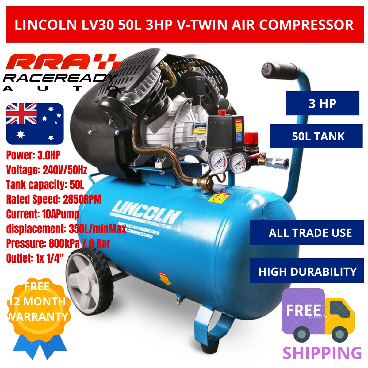 Lincoln Air Compressor LV30 50L 3.0HP V Twin Pressure Regulator Pump Tank Motor