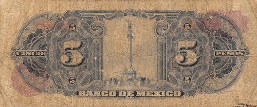 Mexico 5 Pesos 19.6.1957 Series FW Prefix C Circulated Banknote Top7 - Picture 2 of 2