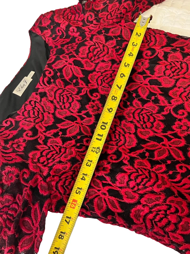 Eliza J Lace Long Sleeves Red/Black Cocktail Sheath Dress Sz 12 - Image 4 of 4
