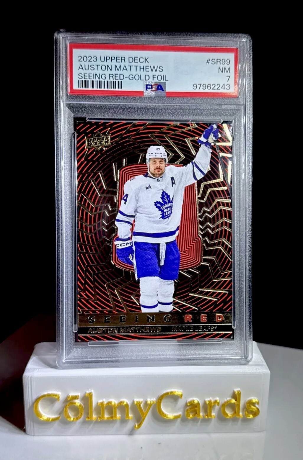 2023 Upper Deck - Auston Matthews Toronto Seeing Red Gold Foil SR99 Low POP PSA view 1