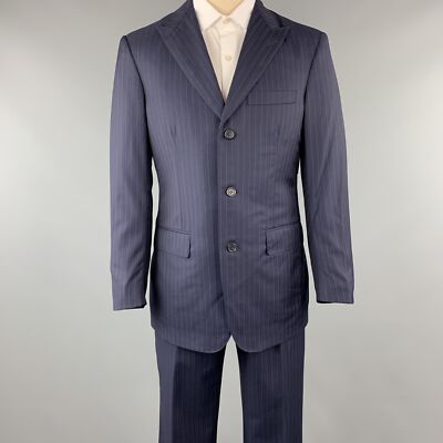 DAVID AUGUST Size 40 Navy Pink Stripe Wool Peak Lapel Suit