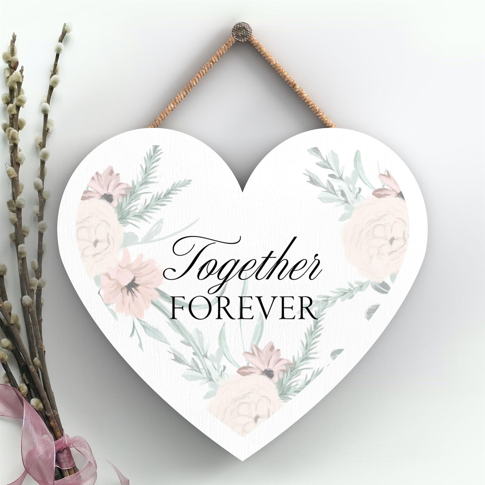 Together Forever Wedding Floral Decoration Wooden Heart Hanging Wall Plaque