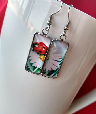 Watercolor Inspired Ladybird Themed Handmade Glass Statement Gift Earrings 