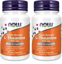 NOW FOODS 2 PACKS L-Theanine Double Strength 200 mg 60 Veg Capsules