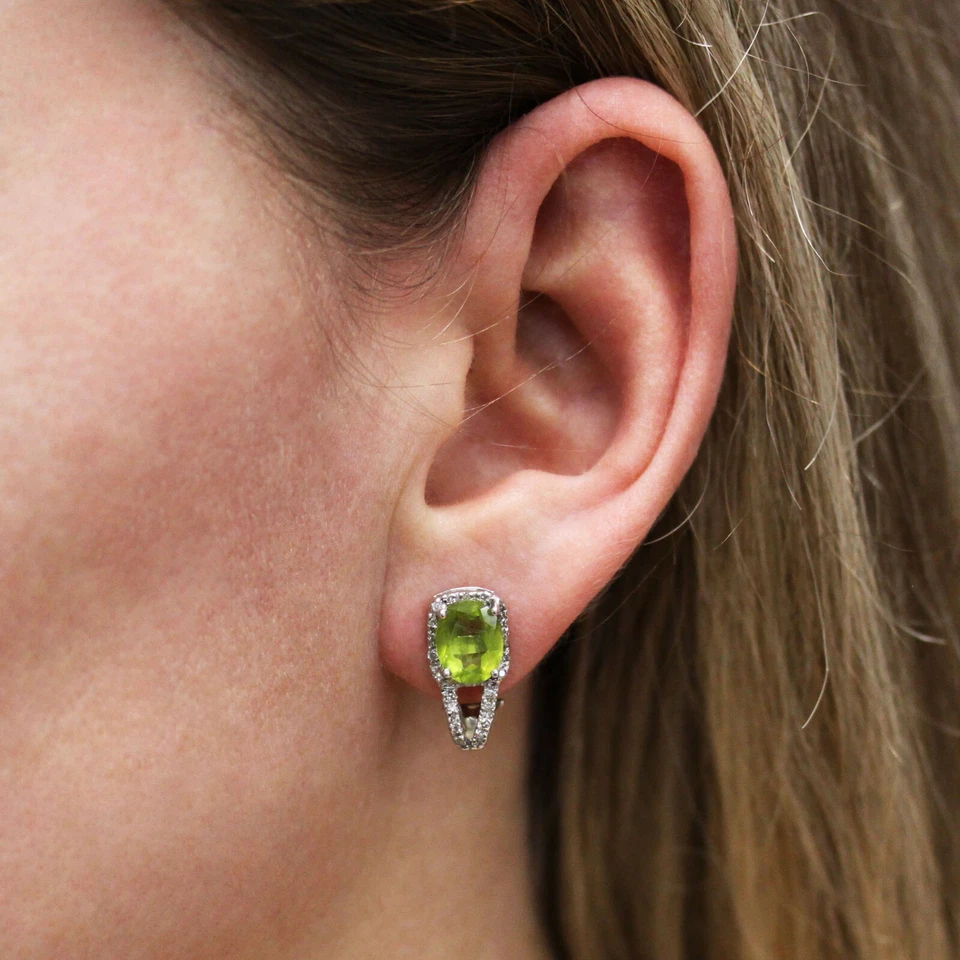 4.3 ctw Natural Green Peridot & Diamond Solid 14k White Gold Omega Back Earrings - Image 2 of 2