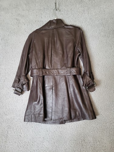 Bebe Leather Trench Coat Womens 70's Aviation Spring Designer Brown Small - Picture 6 of 8