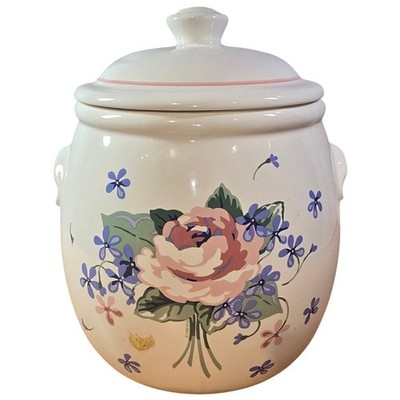 Vintage Pottery/Ceramic Floral Cookie Jar Pink Peony? & blue floral COMPLETE