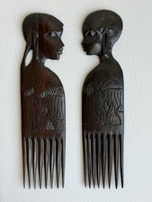 VTG Carved Wood Hair Comb Pick African Woman Man Set Ebony Wood Tribal Zebra