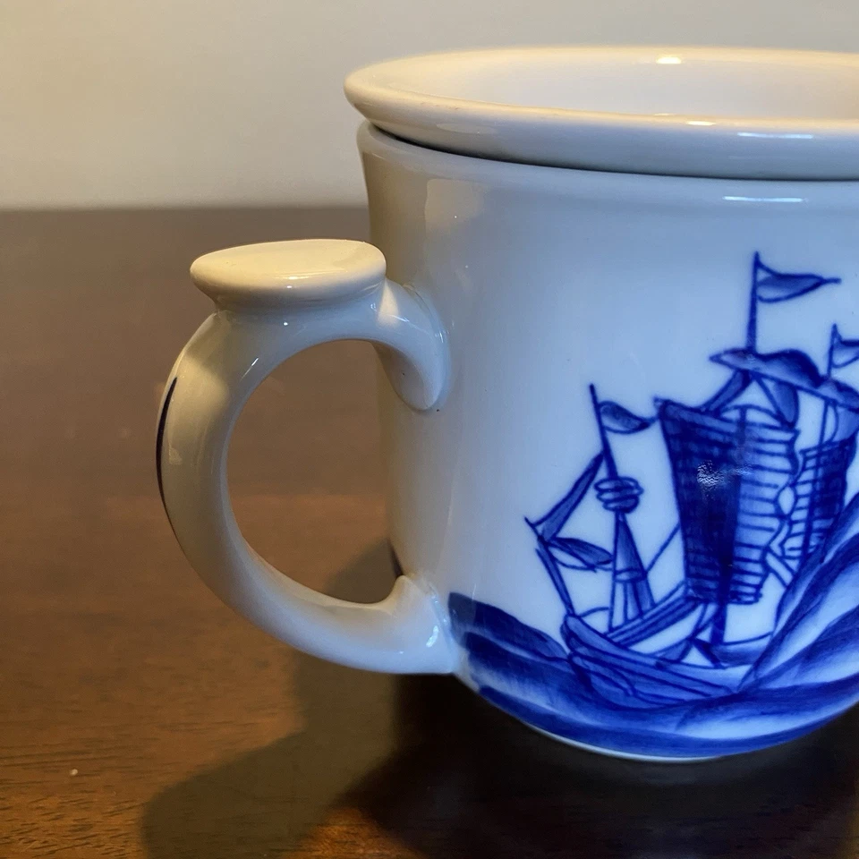 Vintage Blue & White Porcelain Tea Cup Mug WITH STRAINER FILTER Tall Ships - Image 3 of 4