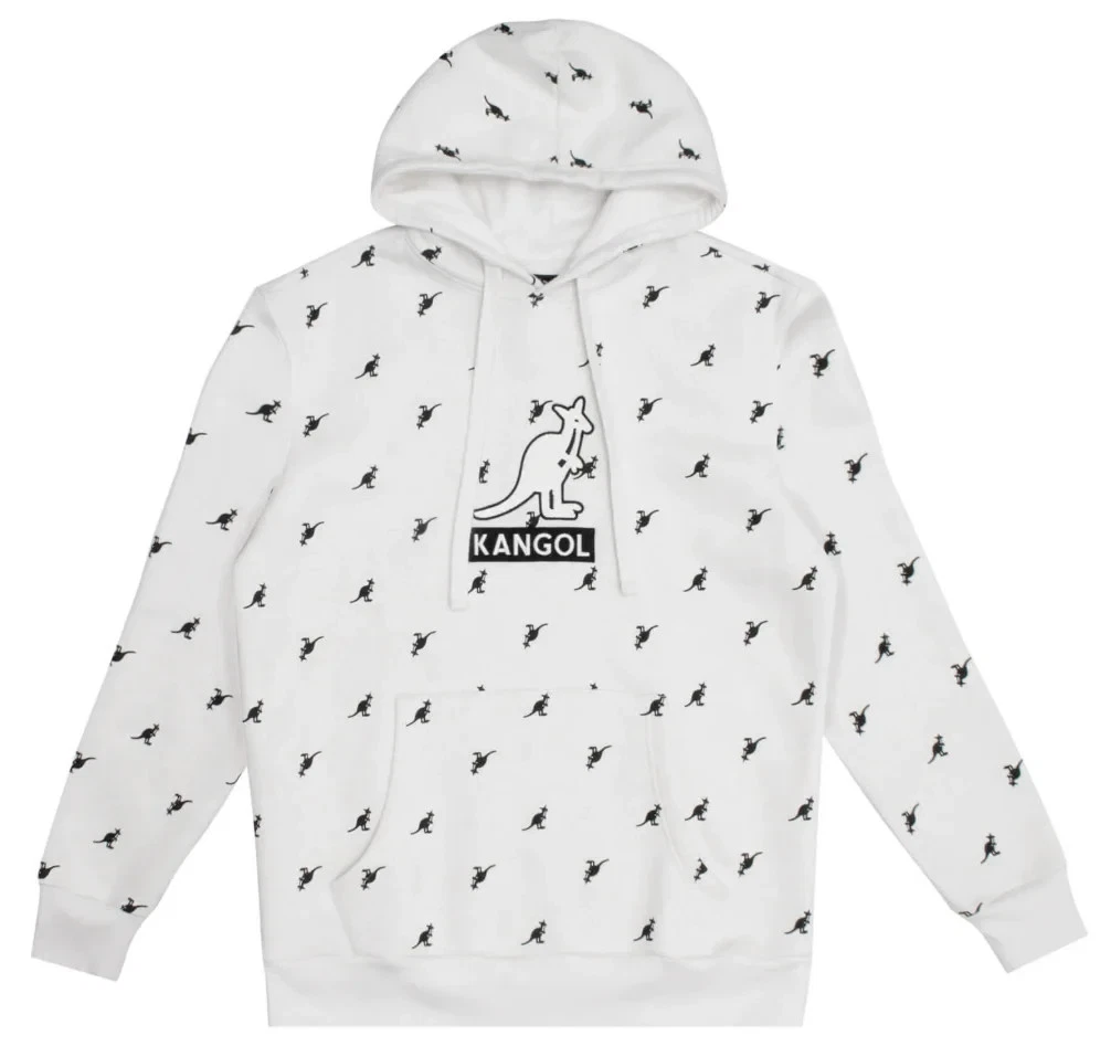 Kangol Men’s Allover Kangaroo Logo Hoodie Off White Pullover Hooded Sweatshirt