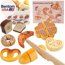 Wooden Bakery Playset Food Toys, Kids Pretend Play Food Baking Set Kitchen Acces