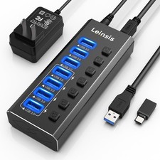 Powered USB Hub 3.0, 7-Port USB 3.0 Hub Durable Aluminum 7 Data Transfer Po...