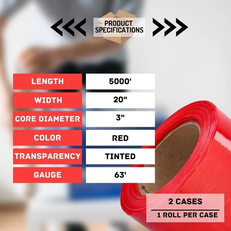 Red Tinted Machine Pallet Stretch Wrap Plastic Shrink Film 20" x 5000' 2 Rolls - Image 3 of 4