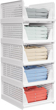 5 Pack Stackable Closet Storage Basket Bins Wardrobe Organizer Foldable white