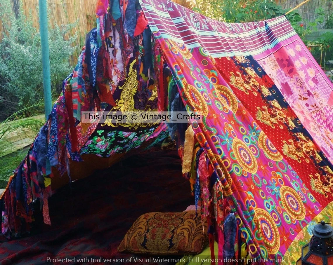 Indian Vintage Silk Sari Multi color Patchwork hippie Boho tent Glamping Decor