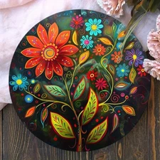 Vibrant Multicolor Floral Round Metal Wall Art Black Center Glossy Finish