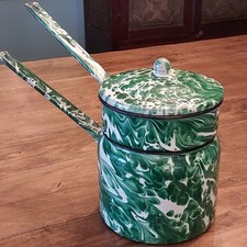Vtg Emeraldware Green White Swirl Graniteware 3pc Double Boiler Enamelware