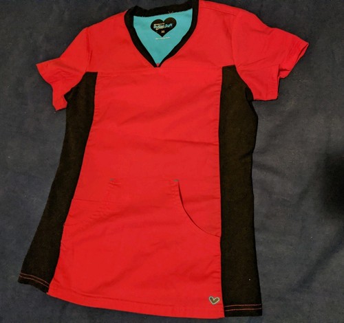 Modern Fit Butter Soft Stretch Pink & Black XS Scrub Top Medical Nurse Vet tech - Picture 2 of 12