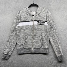 Pink Victorias Secret Womens Hooded Jacket Gray Full Zip Long Sleeve Knit Size M