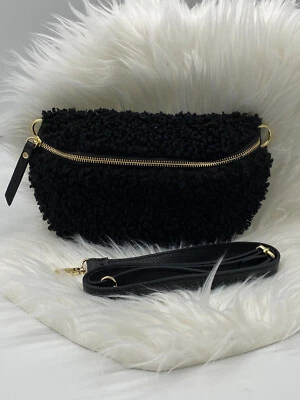 VERA PELLE ITALY Crossbody Bag MEDIUM Teddyfell Bauchtasche Schwarz Bodybag #2022546