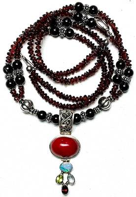 Handcrafted Double Garnet & Bali Beads Sterling Silver Pendant Necklace