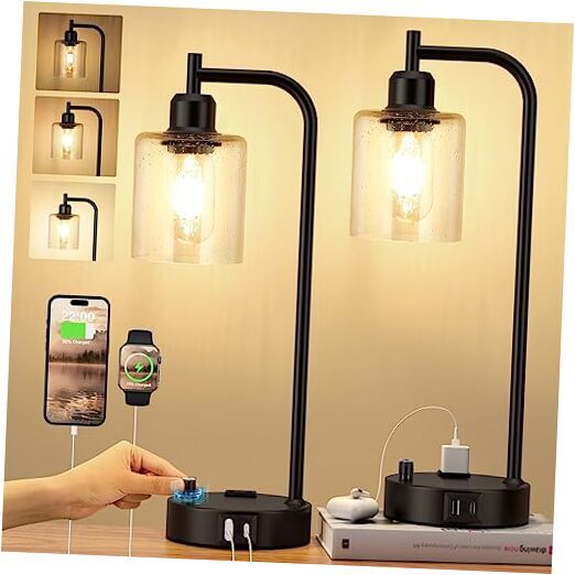 Industrial Table Lamps for Bedrooms Set of 2 - Fully Dimmable Seeded Clear