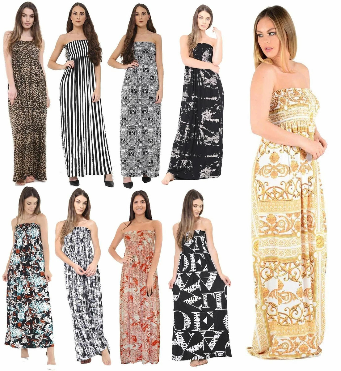 Womens Maxi Dress Strapless Sheering Boob Tube Bandeau Summer Beach Dress 8 26
