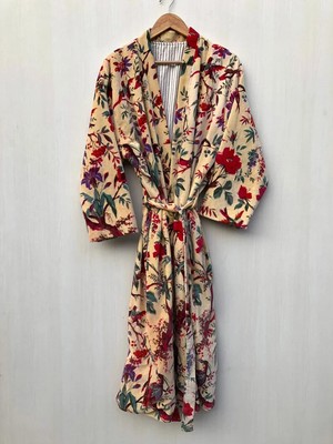 Indian Vintage Luxury Velvet Bird Print Bath Robe Kimono Dressing Gown Long Robe