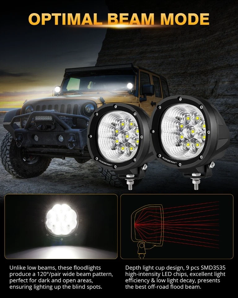 2x AUXBEAM 4" 9000LM LED Barra de Luz de Trabajo Vainas Conducción Lámpara Antiniebla SUV Camión Todoterreno Foto 4 de 4