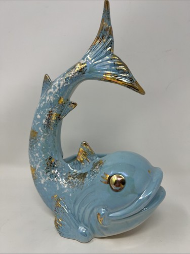 Vintage Keramik blau opalisierend mit Goldfischen Wand Taschenvase hängend Übertopf