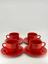 8pc Vintage Candy red coffee cups & saucers France w/ fleur de lis Mark / 1960s