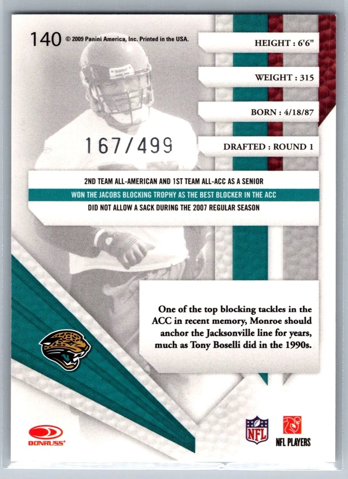 2009 PANINI ABSOLUTE FOOTBALL 140 EUGENE MONROE 167/499 RC JAGUARS - Image 2 of 2