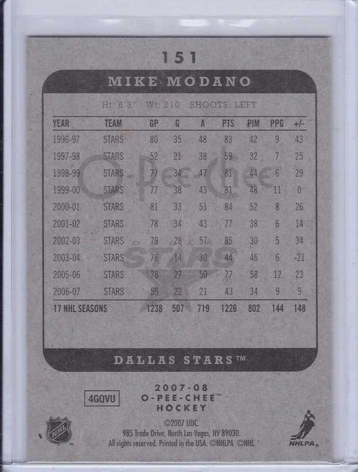 Mike Modano 2007 O-Pee-Chee Hockey Card 151 Grade MT - Image 2 of 2
