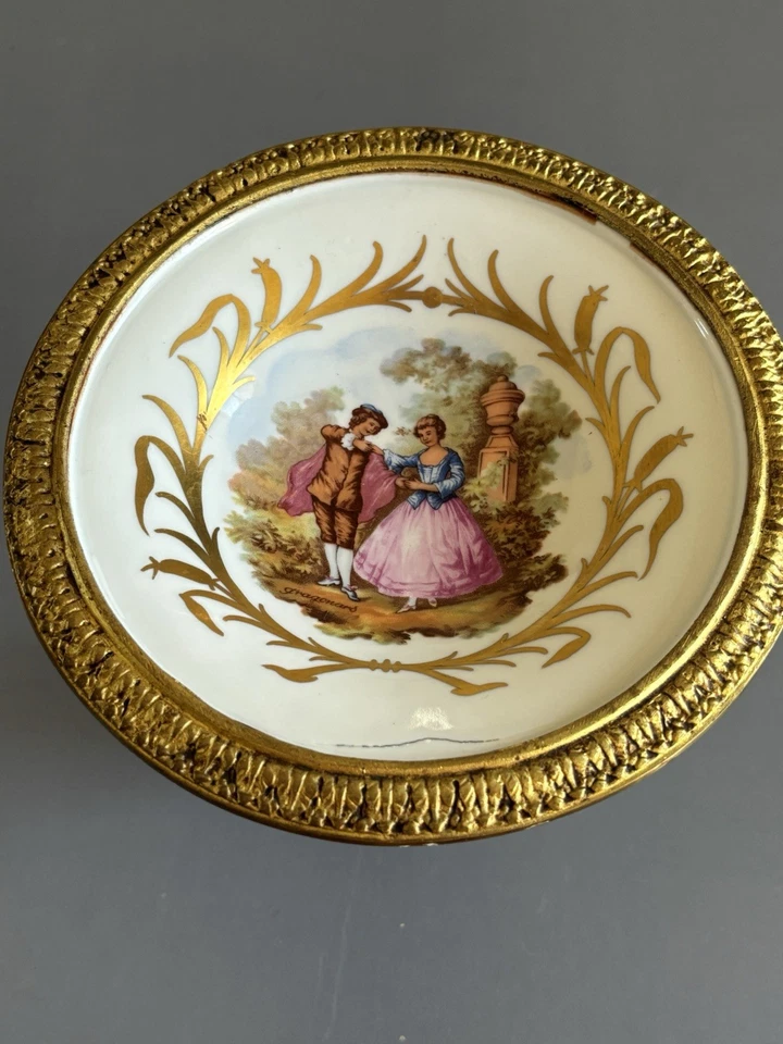 Vintage French Hand Painted Enameled Small Decorative Dish w/Bronze pedestal - Image 3 of 4