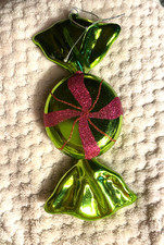 Indoor/Outdoor Plastic Large Green Candy w Glitter Christmas Ornament 7.5"