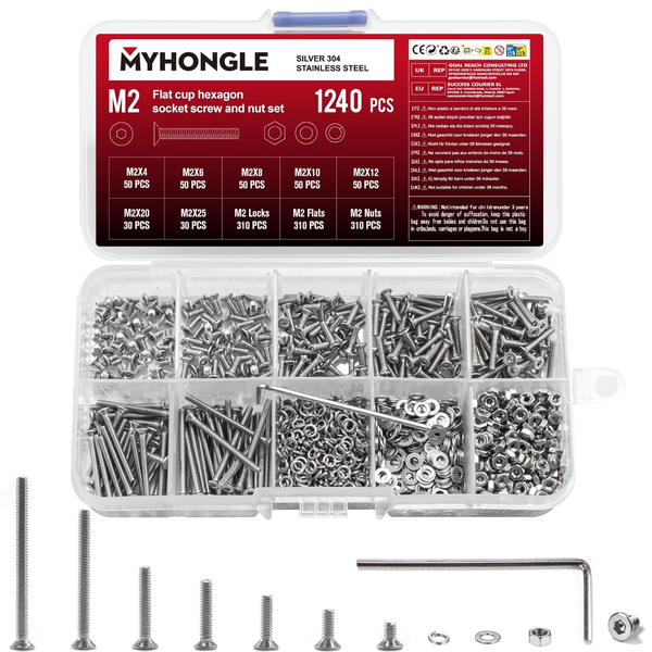 M2 Schrauben Set 1240 StüCk Edelstahl Senkkopf Innensechskant Muttern-image