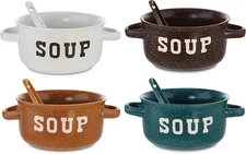 Soup Bowl Set of 4 | Ceramic Soup Bowls and Spoons | 22 Ounce Speckled