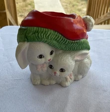 Christmas bunny candle holder JSNY Thailand 2 Bunnies Santa hat