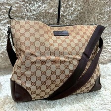 GUCCI GG Canvas Shoulder Bag Brown Crossbody Unisex Large Leather