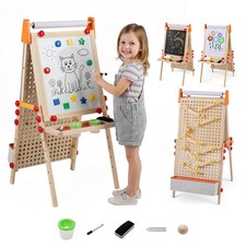 4-in-1 Wooden Kids Art Easel w/Paper Roll, Storage Tray  Marble Run Accessories