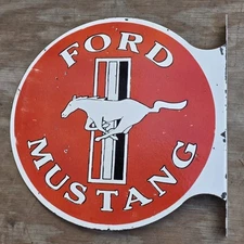  RARE VINTAGE PORCELAIN DOUBLE-SIDED FORD MUSTANG FLANGE SIGN 17" X 17"