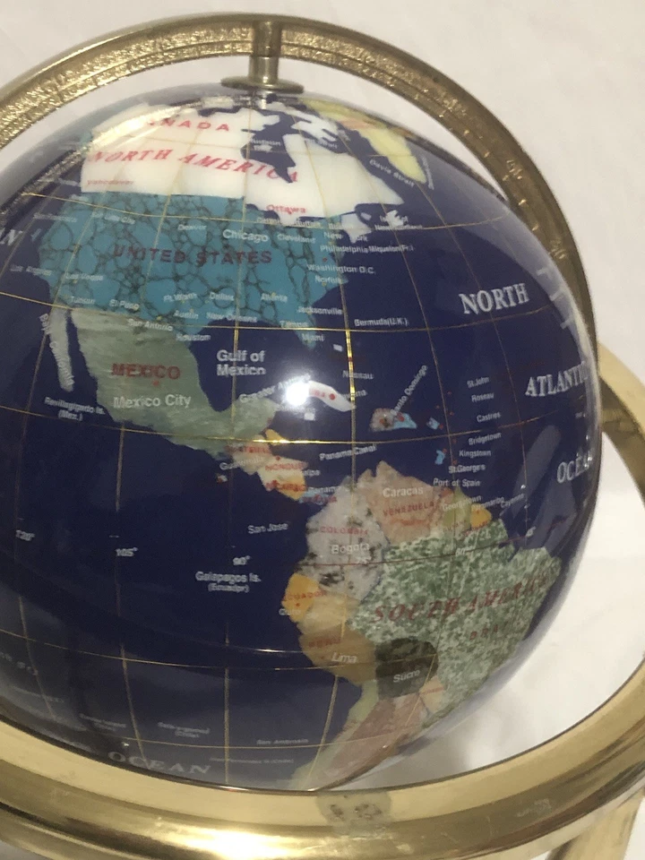 Globo y trípode de piedras preciosas de océano lapislázuli azul de 13" de alto soporte dorado y brújula Foto 4 de 4