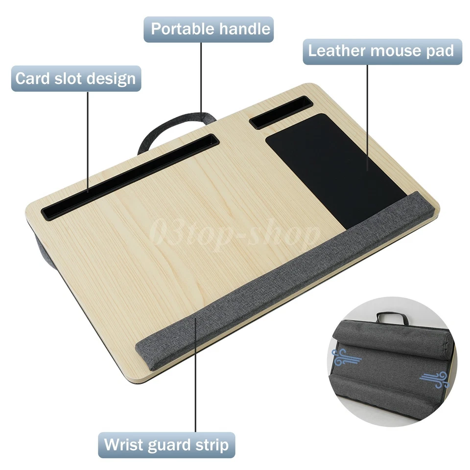 Mesa de escritorio de bambú para regazo portátil cojín bandeja de cama acolchado soporte para tableta de computadora Foto 2 de 4