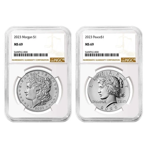 2023 $1 Morgan and Peace Silver Dollar 2pc Set NGC MS69 Brown Label