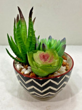 Faux Succulents Ceramic Chevron Design Planter Pot Artificial Plants