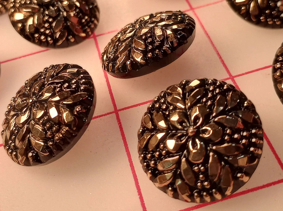 3 Magníficos Botones Vintage Floral Checo Vidrio Negro y Dorado 15/16" 23mm Foto 3 de 4