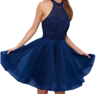 Formal Dress Navy Blue Halter / Beaded Mini Fit & Flare T-Back Medium | eBay Formal Dress Navy Blue Halter / Beaded Mini Fit & Flare T-Back Medium | eBay